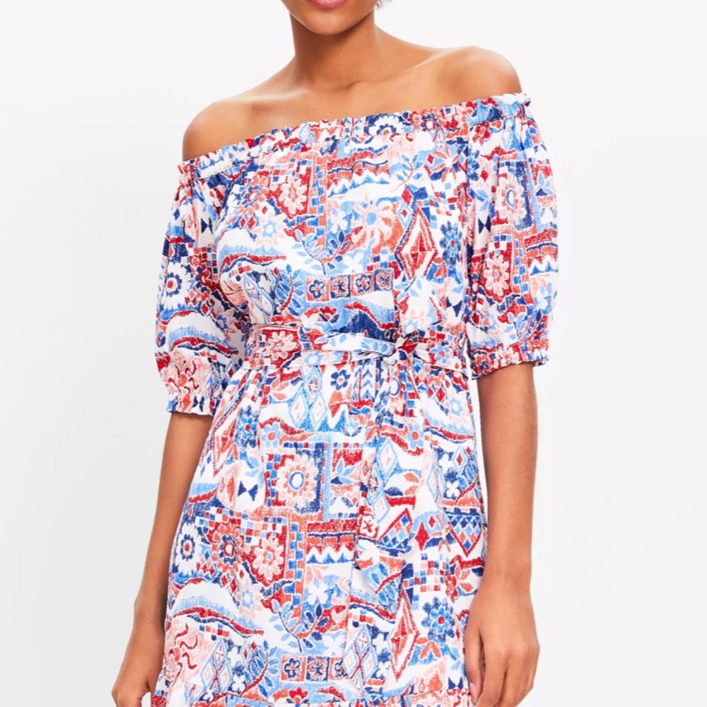 Loft Red And Blue Patterned Off The Shoulder Dress - image 1